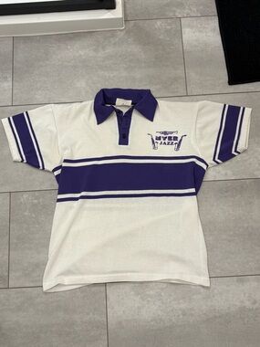 Women’s White and Purple Button-Down Polo Shirt - Jazz Graphic